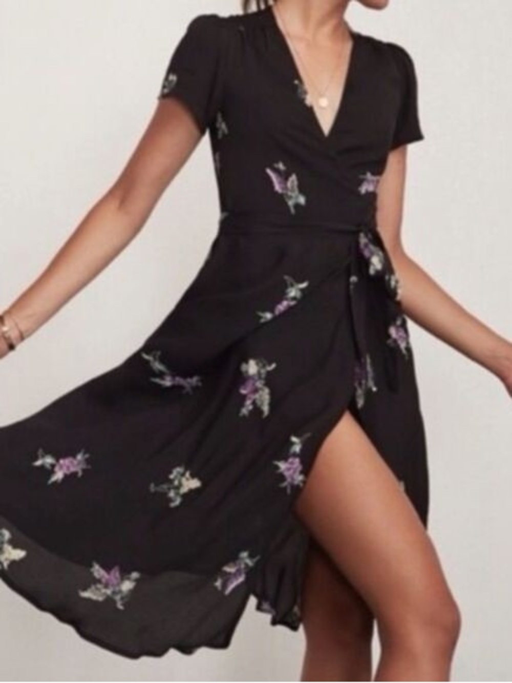 Reformation Black Wrap Midi Dress with Purple & Cream Floral Print